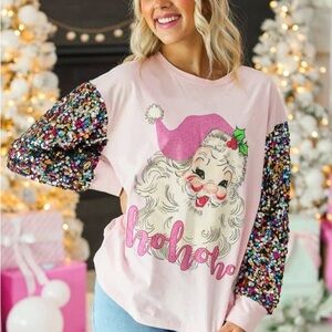 Festive Pink Santa Top with Sequin Sleeves